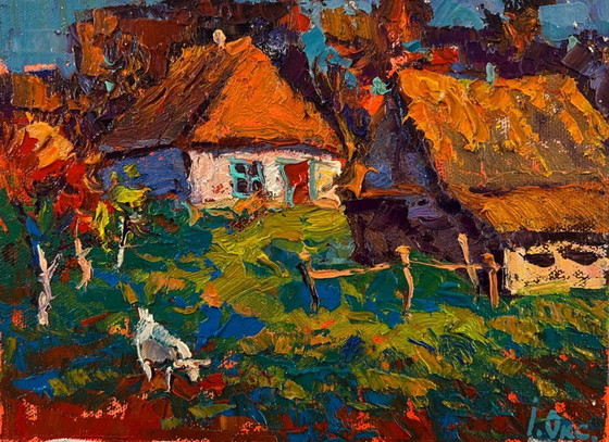 Original Oil Painting Rural Houses Landscape The Sun Over The Village – Paintings & Drawings, Canvas (photo 3 of 8)