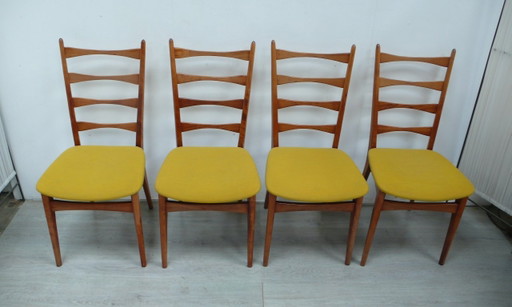 Juego de 4 sillas, estilo años 60, respaldo de barrotes, tapicería de madera de haya y tela, color amarillo (photo 2 of 6)