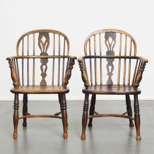 2 x Ancienne chaise de salle à manger Windsor à dossier bas anglaise du 18ème siècle