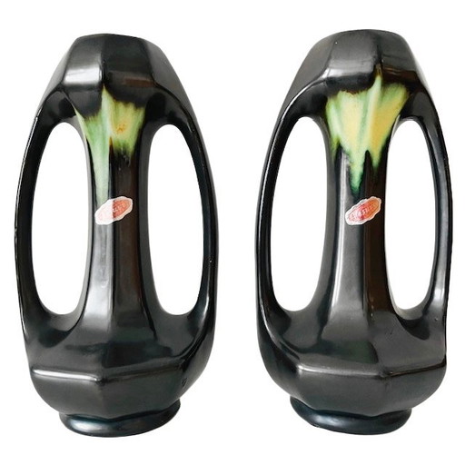 Antique Thulin Art Nouveau vases, matte black and green ceramic, 1910s