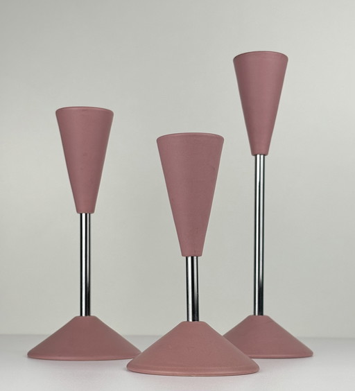 3 x diabolo bougeoirs Memphis design en céramique rose chromée