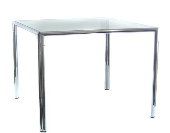 Image 1 of Tavolino da caffè vintage in vetro e cromo | Design modernista anni '60-'80 | 60 × 60 × 46,5 cm