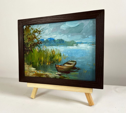 Original Oil Painting Summer River Landscape A boat among the reeds