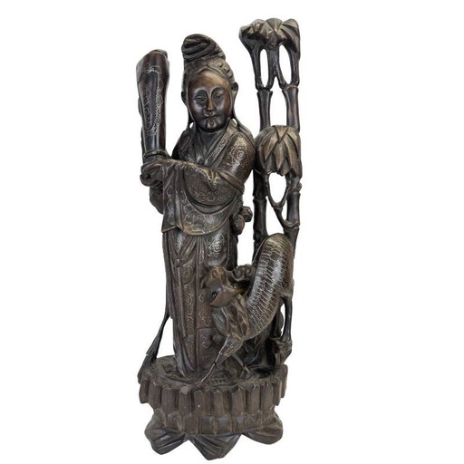 Estatua china antigua "Magu" con incrustaciones de plata - Madera dura - Siglo XIX (43 cm)