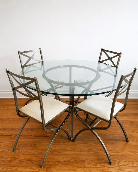 Pierre Vandel Paris – Round Glass Table + 4 Chairs, Certificates – Dining tables, Metal (photo 3 of 6)