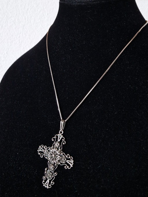 Large antique silver filigree cross with necklace - 20s