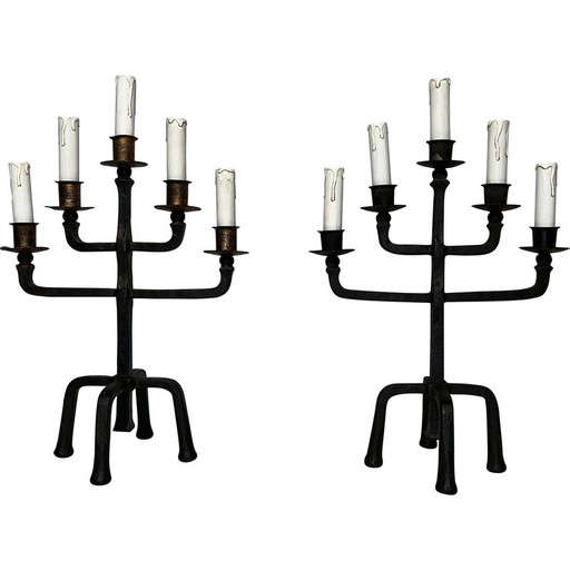 Pair of vintage wrought iron candelabras with 5 arms, 1940