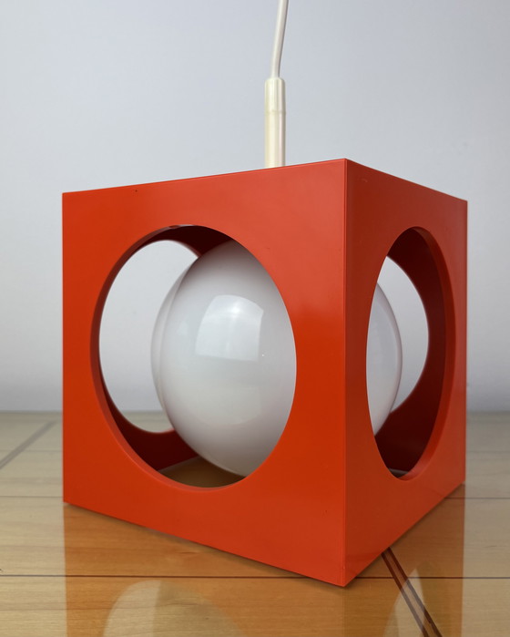 Image 1 of Space Age Ceiling Lamp, Richard Essig, Orange Minimalistic Cube Design, 1970s, Retro-Futuristic Lamp, Germany, Sputnik Design
