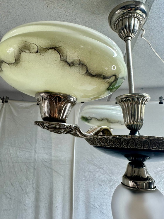 Antique Art Deco Style Pendant Lamp Chandelier with Marbled Opal Glass, Ceiling lights, Metal, Black (photo 8 of 14)