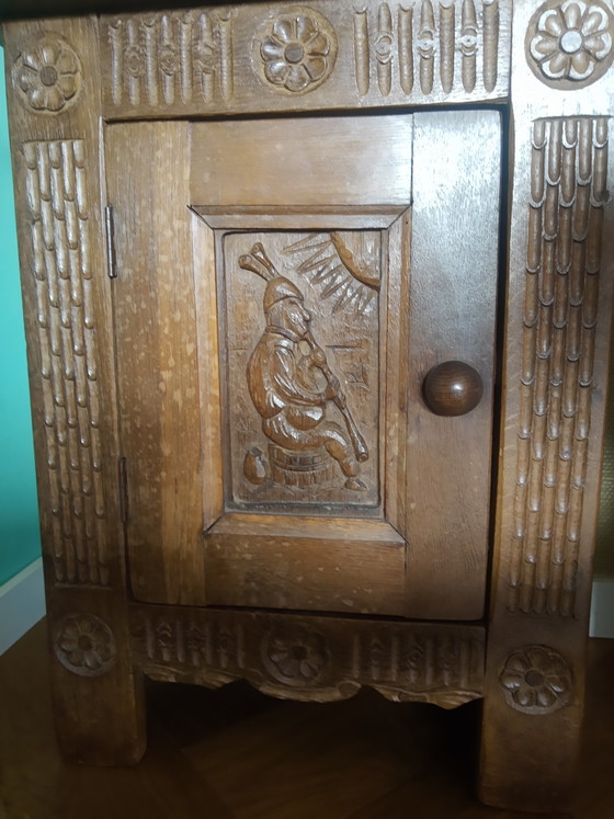 Unieke Set Handgemaakte Antieke Arts&Crafts Art-Nouveau Eikenhouten Kastjes Halkastjes Nachtkastjes, (photo 7 of 15)