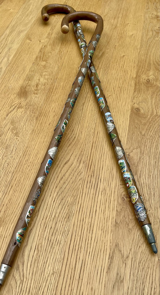 Image 1 of Two nostalgic walking sticks with enameled coats of arms from all over Europe
