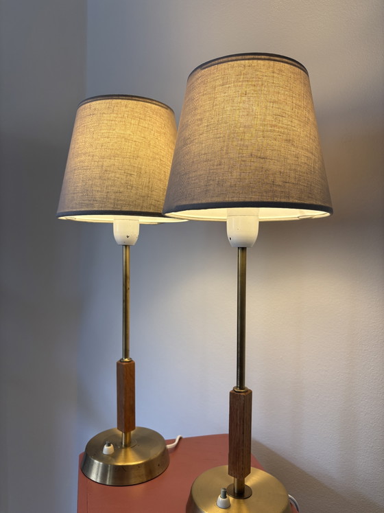 Image 1 of Prachtige set vintage messing tafellampen – Boréns Borås B8222 – Zweden 1950/1960