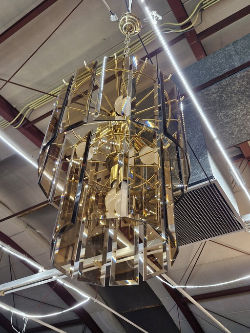 Vintage Brass Smoked Glass Chandelier 1970s