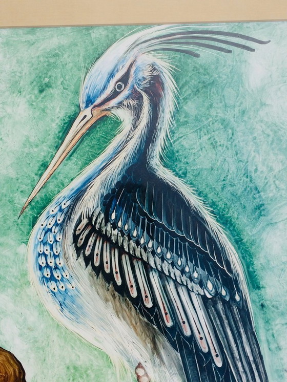 Image 1 of J. Vallès: ' Heron ' 70s Mixed media * 70s Vintage *