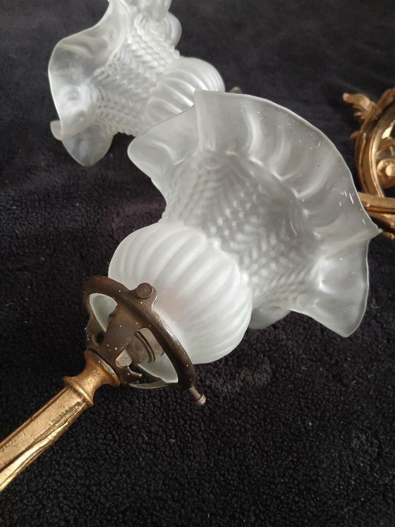 Art Nouveau wandlampen van brons en messing – Bronze, Glass (photo 4 of 10)
