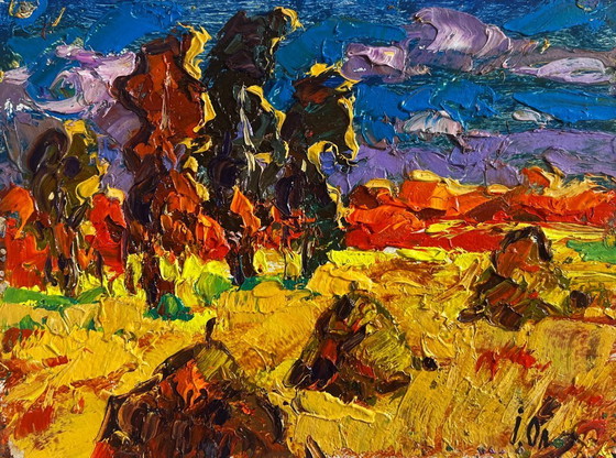Image 1 of Original Oil Painting Autumn Nature Landscape The sun sets in the field