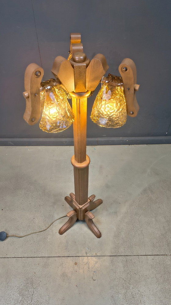 Image 1 of Lampadaire rustique en chêne et verre de Murano, années 1960