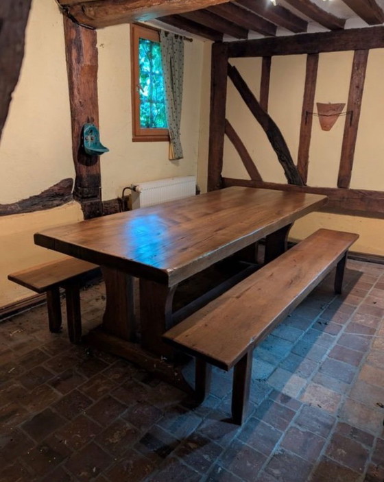 Set of 3 Solid Oak Monastery Tables with 6 Matching Benches – 220 cm – Dining tables, Wood (photo 4 of 5)
