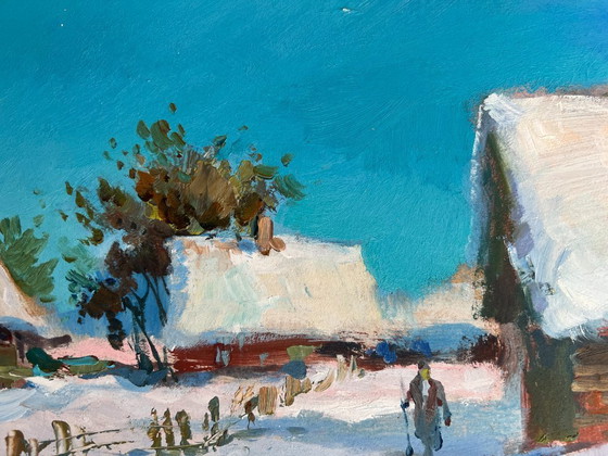 Image 1 of Dipinto ad olio originale Paesaggio di un villaggio innevato Spalare la neve dal cortile