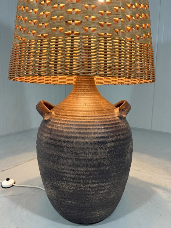 Image 1 of Large pottery floor lamp with rattan shade 1960's