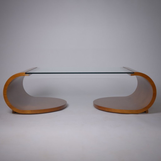 c. 1975/80 - Table basse sculpturale en noyer flammé et verre trempé - France