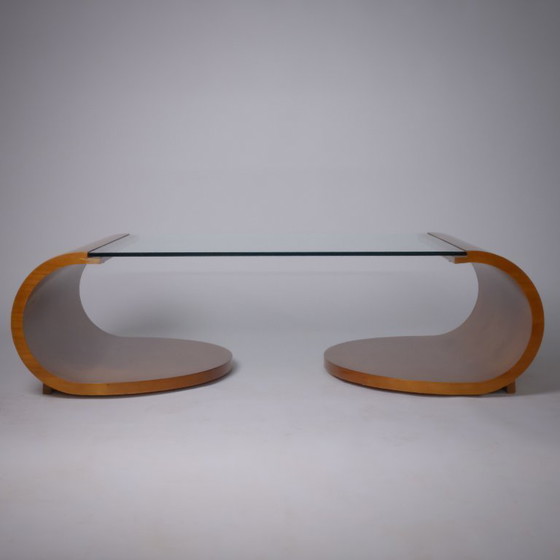 Image 1 of c. 1975/80 – Sculptural Coffee Table in Flamed Walnut and Tempered Glass – France