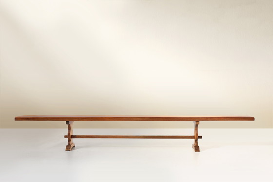 Image 1 of Extra lange massief iepenhouten kloosterbank, Frankrijk ca. 1850