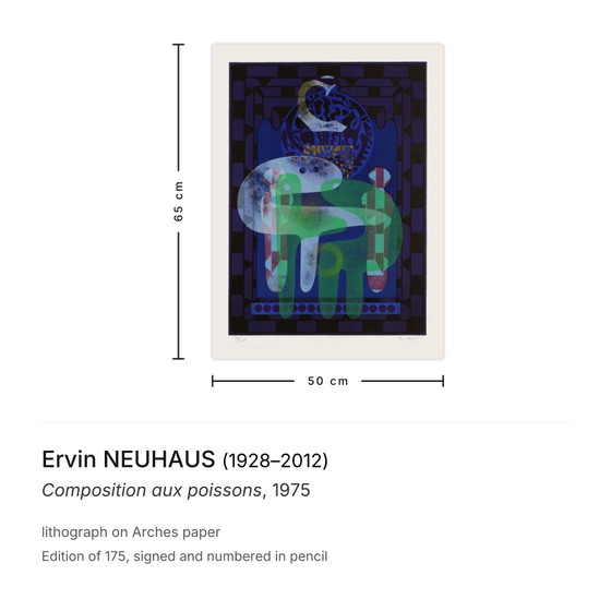 Ervin Neuhaus Signed Lithograph Composition Aux Poissons 1975 – Lithographs & prints, Paper (photo 3 of 5)
