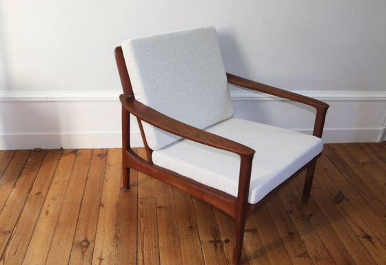 Paire de fauteuils scandinaves vintage teck 1960, Roche Bobois, Bois, Textile, Marron, Mid Century Modern (photo 5 sur 13)