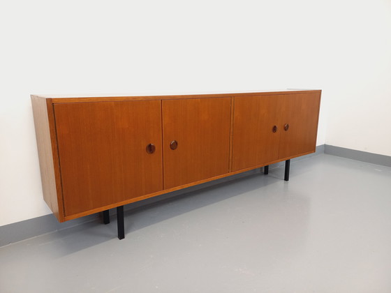 Image 1 of Enfilade meuble de rangement vintage style scandinave moderniste en teck et métal noir des années 60
