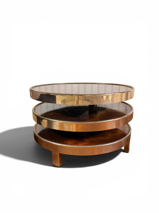 Image 1 of Draaibare salontafel met 3 planken van iepenhout met wortelknol - Maria Pergay