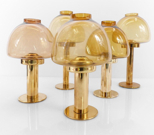 Set de 5 Bougeoirs Scandinaves Hans-Agne Jakobsson Modèle Claudia en Laiton et Verre Ambré, Suède, 1960