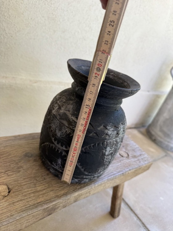 Image 1 of Set of 3 Nepalese Indian pots, carved black wood, tribal & wabi-sabi style