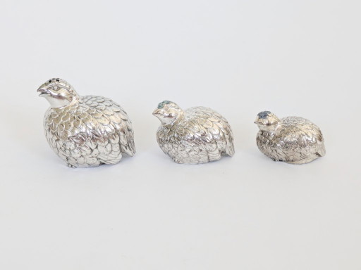 Vintage versilbertes Wachtel-Gewürzset, Salz, Pfeffer, Zucker, Gucci-Stil, italienisch, 1970er Jahre