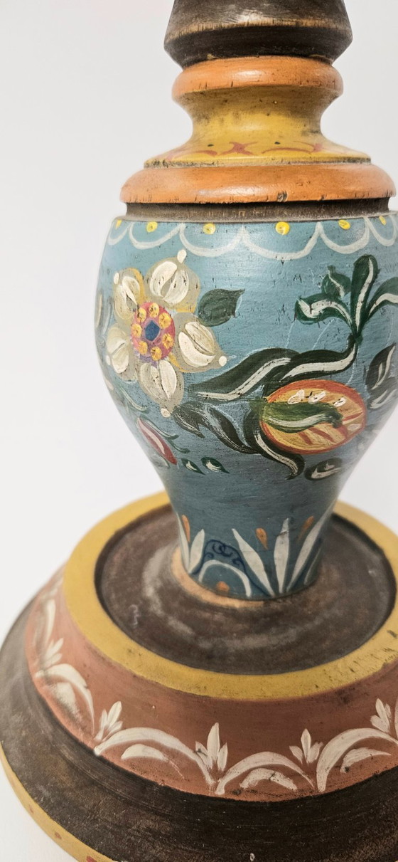 Image 1 of Vintage Wooden Hand painted Candle Holder German Bauernmalefai Folk Art Floral Flower Motifs Farmhouse Decor Carved Wood Candles