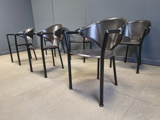 Image 1 of Set aus 6 Leder-Esszimmerstühlen von Segis Italy, 1980er Jahre