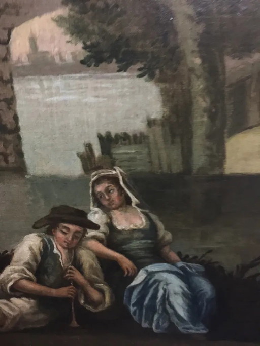 Ancient painting "The Romantic Rendezvous" by an unknown artist. – schilderijen tekeningen, Canvas (photo 2 of 3)