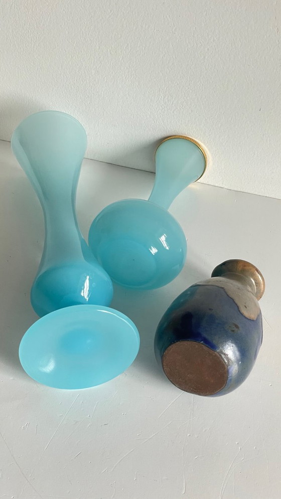 Image 1 of 3 Vintage Ocean Blue Stoneware and Opaline Glass Vases
