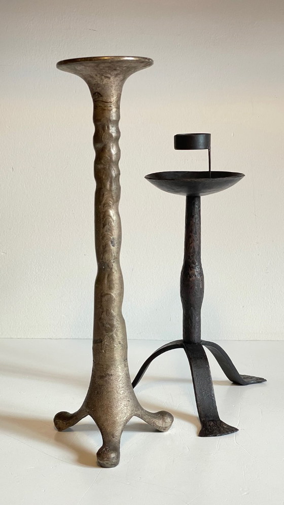 Image 1 of Een paar brutalistische vintage stalen kandelaars