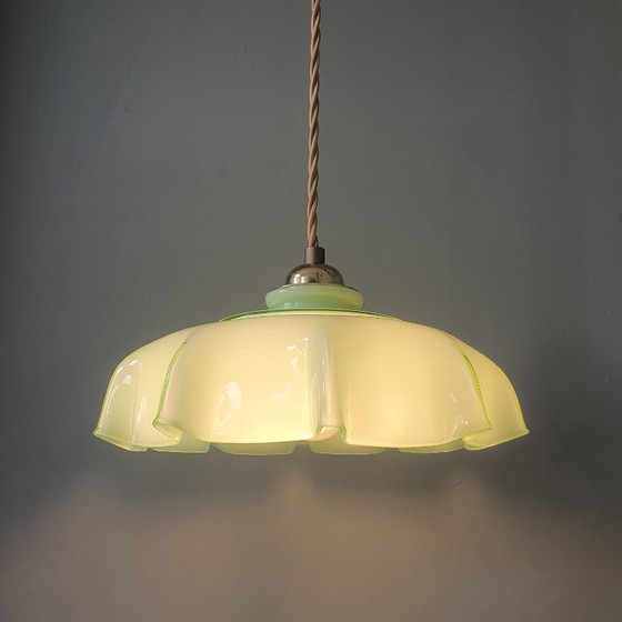 Vintage French Pendant Lamp - Pastel Green Opaline Glass. – Metal (photo 17 of 19)