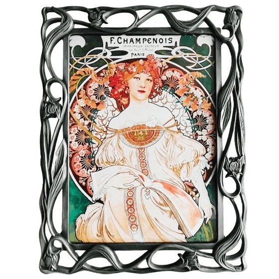 Image 1 of Vintage Art Nouveau Alphonse Mucha painting Champenois floral photo frame metal