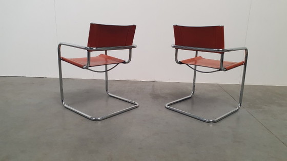 Image 1 of Fasem Italy 70s vintage chairs cognac harness leather, Mart Stam Breuer