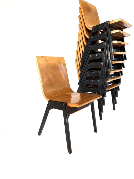 Lotto di 10 sedie impilabili in compensato, Roland Rainer '50 – Sedie da pranzo, Wood, Metal (photo 5 of 8)