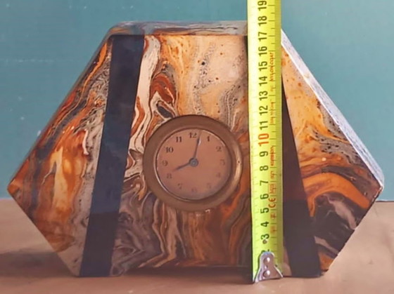 Art Deco Table Clock Herman Hélin Baudour ca. 1925 – Paper Marbré – Working – Ceramic, Brass (photo 7 of 8)