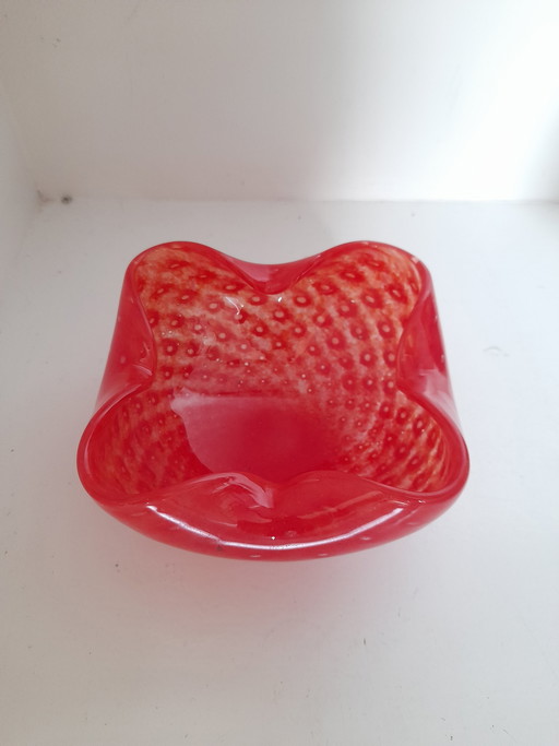 Murano glass trinket tray, red bullicante, signed