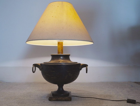 Image 1 of  Italian Neoclassical Amphora Table Lamp Black Patina Urn Base with Brass Handles Vintage Classical Lighting 