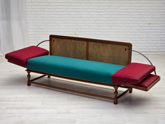Image 1 of 1950s, Danish 2 seater drop arm sofa, original striped red furniture wool, oak wood.