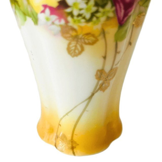 Vintage Art Nouveau Style Small Vase Yellow Pink Gold Flowers 1970s – Ceramic (photo 6 of 9)