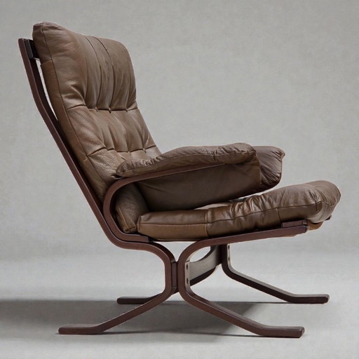Anni '70, design scandinavo, poltrona in pelle marrone per arredamento.