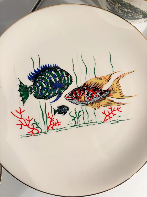 Servizio da tavola bavarese in ceramica degli anni '80 composto da sei piatti e zuppiera per pesce. (photo 5 of 14)